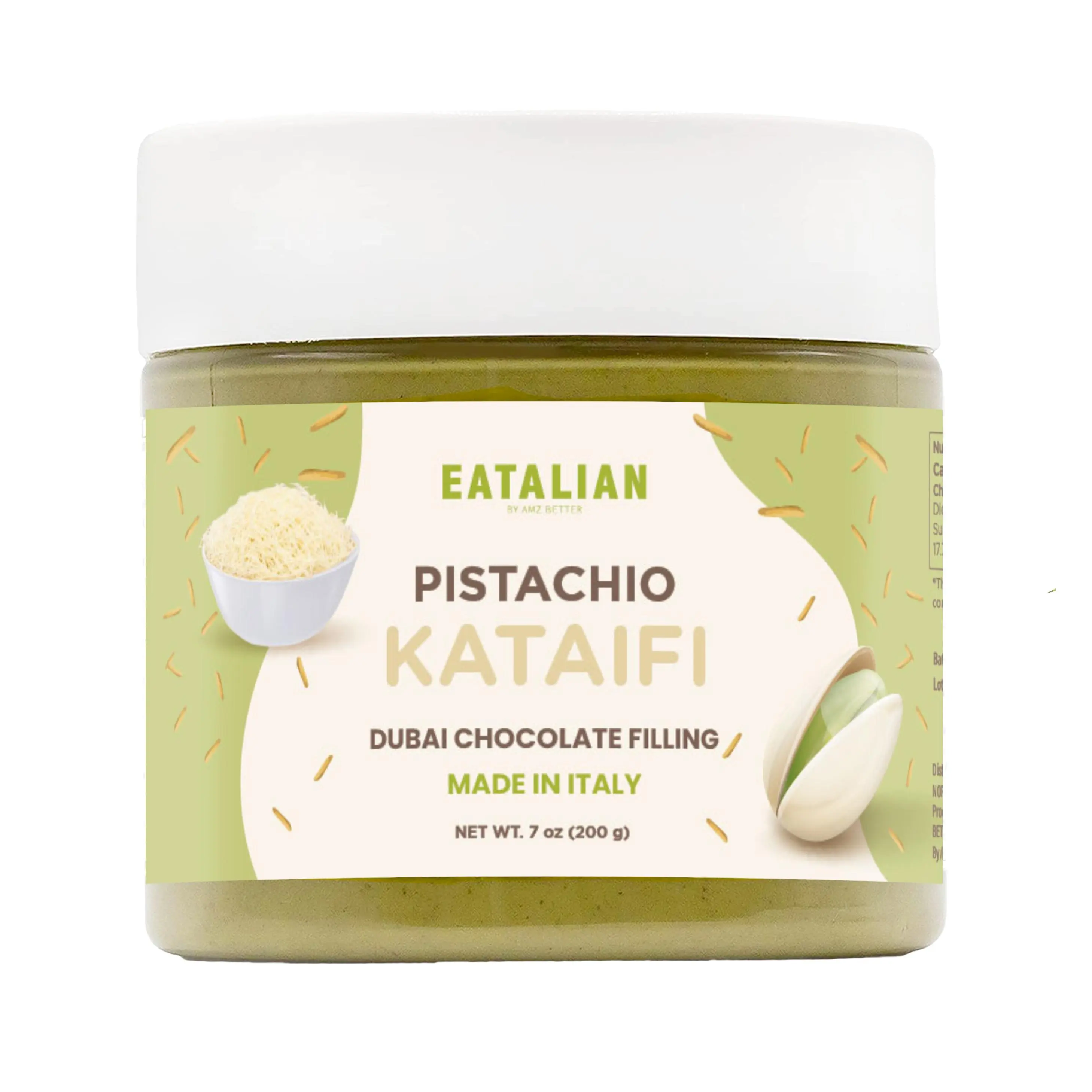 EATALIAN by AMZ BETTER Organic Pistachio Cream with Kataifi, 7oz/200g Spreadable Paste, Sweet Unique Flavor, Custard Enhancer, Ideal for Bread, Cakes, Made in Italy