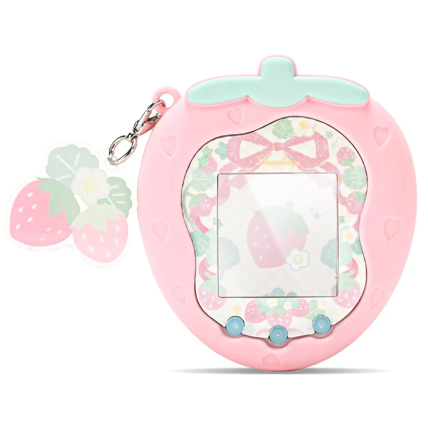 GeekShare Cute Strawberry Silicone Protective Case for Tamagotchi Uni, Full-Body Screen Guard with Easy Access to Charging Dock, Includes Stickers & Acrylic Charm Keychain Accessory - Pink