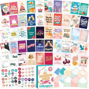 Decorably 50 Pack Gold Foiled & Glittery 5x7in All Occasion Cards Assortment Box with Envelopes & Stickers, 50 Unique Designs for Friends, Family and Loved Ones with Printed Message - Gifting, Mailing