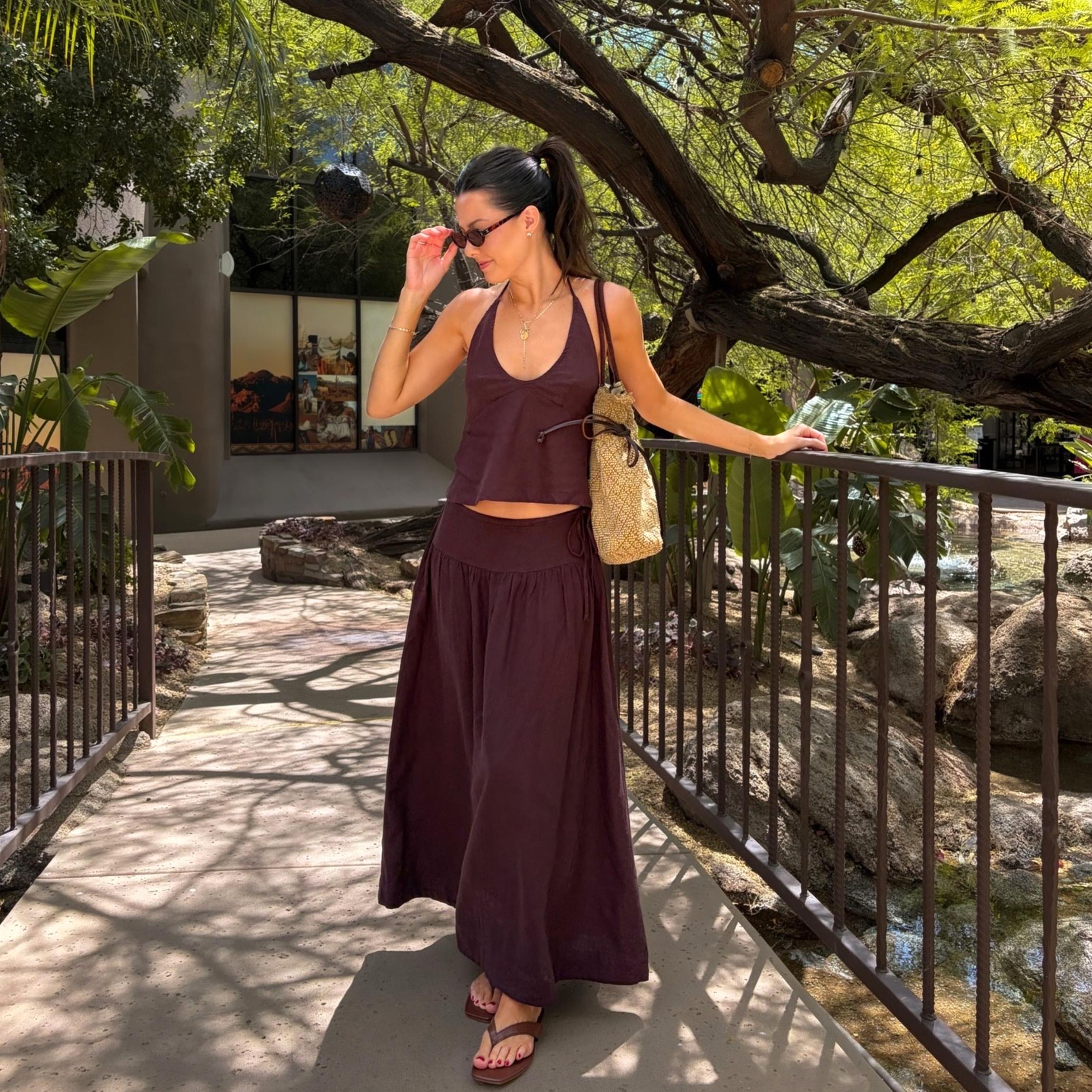 Buenoble Sandshell Linen Skirt Set Women’s 2 Piece Halter Top Flowy Maxi Skirt, Backless Summer Outfit, Beach Vacation Resort Matching Set