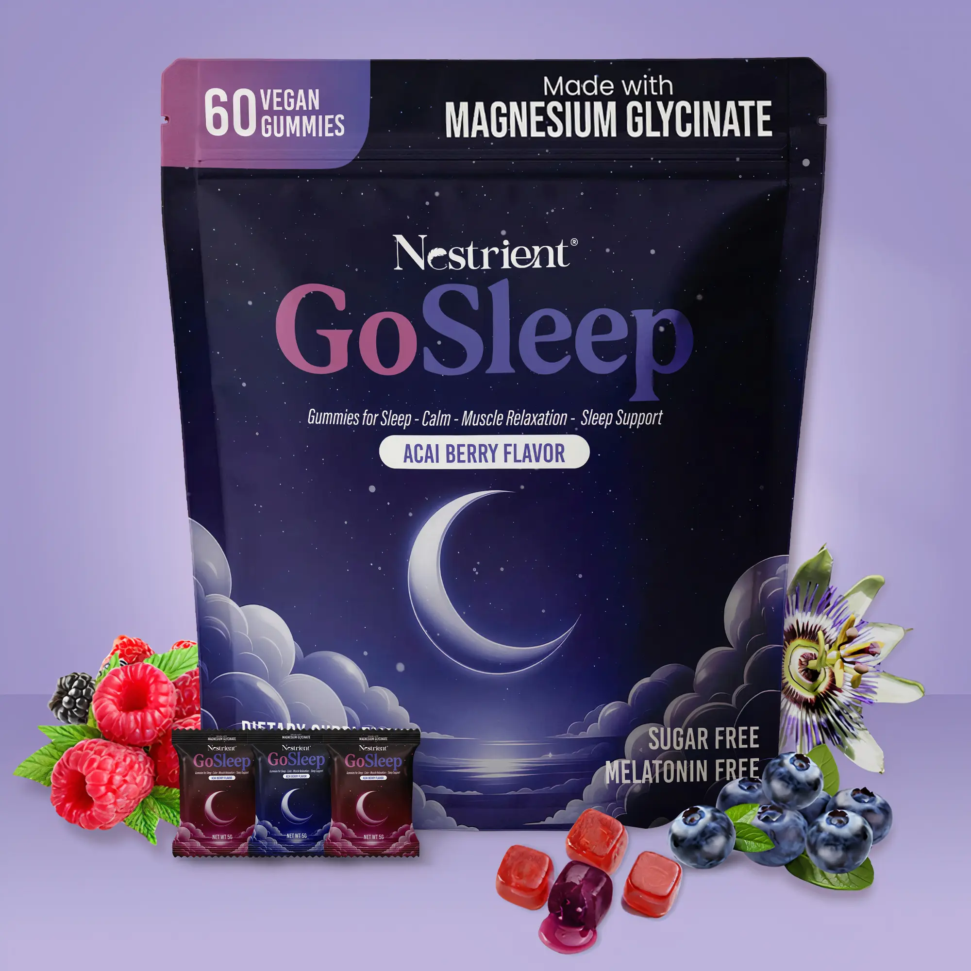 Nestrient GoSleep Melatonin Free Sleep Gummies with Magnesium Glycinate | Fall Asleep Faster & Stay Asleep Longer | GABA L-Theanine Valerian Root Passionflower Lemon Balm | Stress Relief Deep Sleep Support Acai Berry Gummies Non Habit Forming Vegan