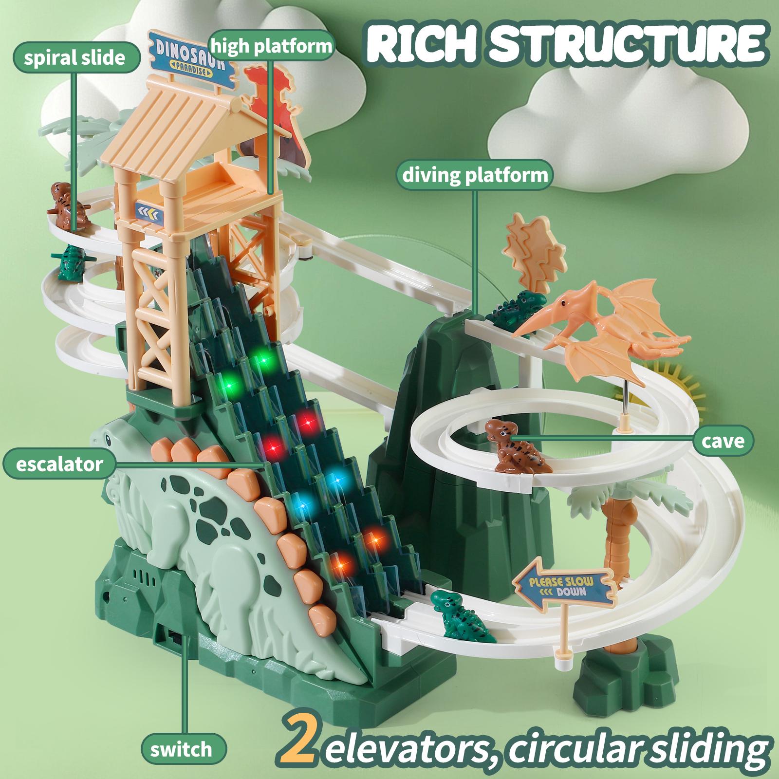 Dinosaur Chasing Race Track with Double Loop, 5 Mini Dinosaur Cars, Climbing Slide Toy with Lights & Music, Fun Stair Climbing Toy for Kids Dinosaur Chasing Race Track with Double Loop, 5 Mini Dinosaur Cars, Climbing Slide Toy with Lights & Music, Fun Stair Climbing Toy for Kids
