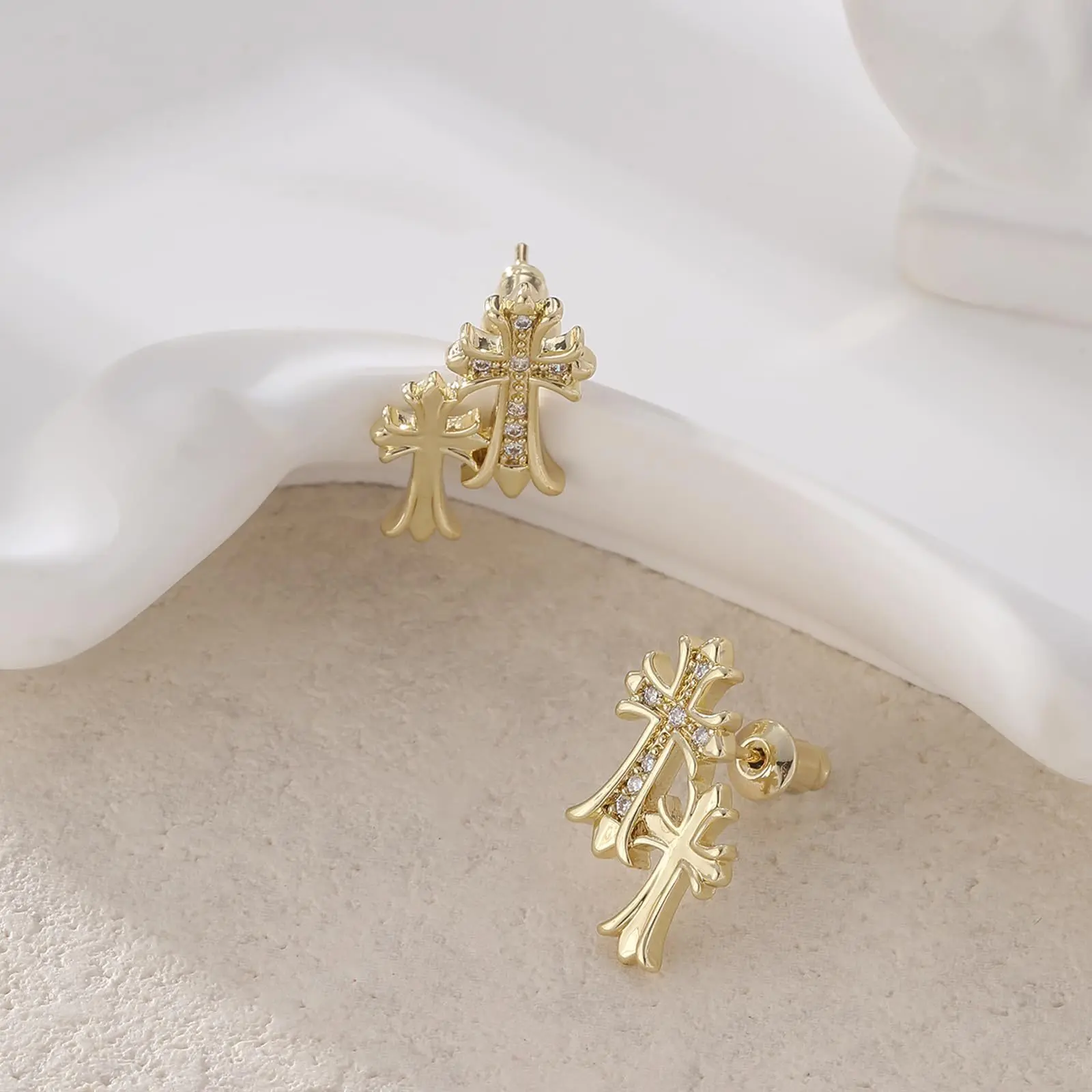 Women's 18mm Gold-Plated Double Cross Motif Stud Earrings, Hypoallergenic Lightweight Pave CZ Cross Dangle Earring Jewelry, Religious Daily Wear Gift Accessory, Stud Earring Jewelry