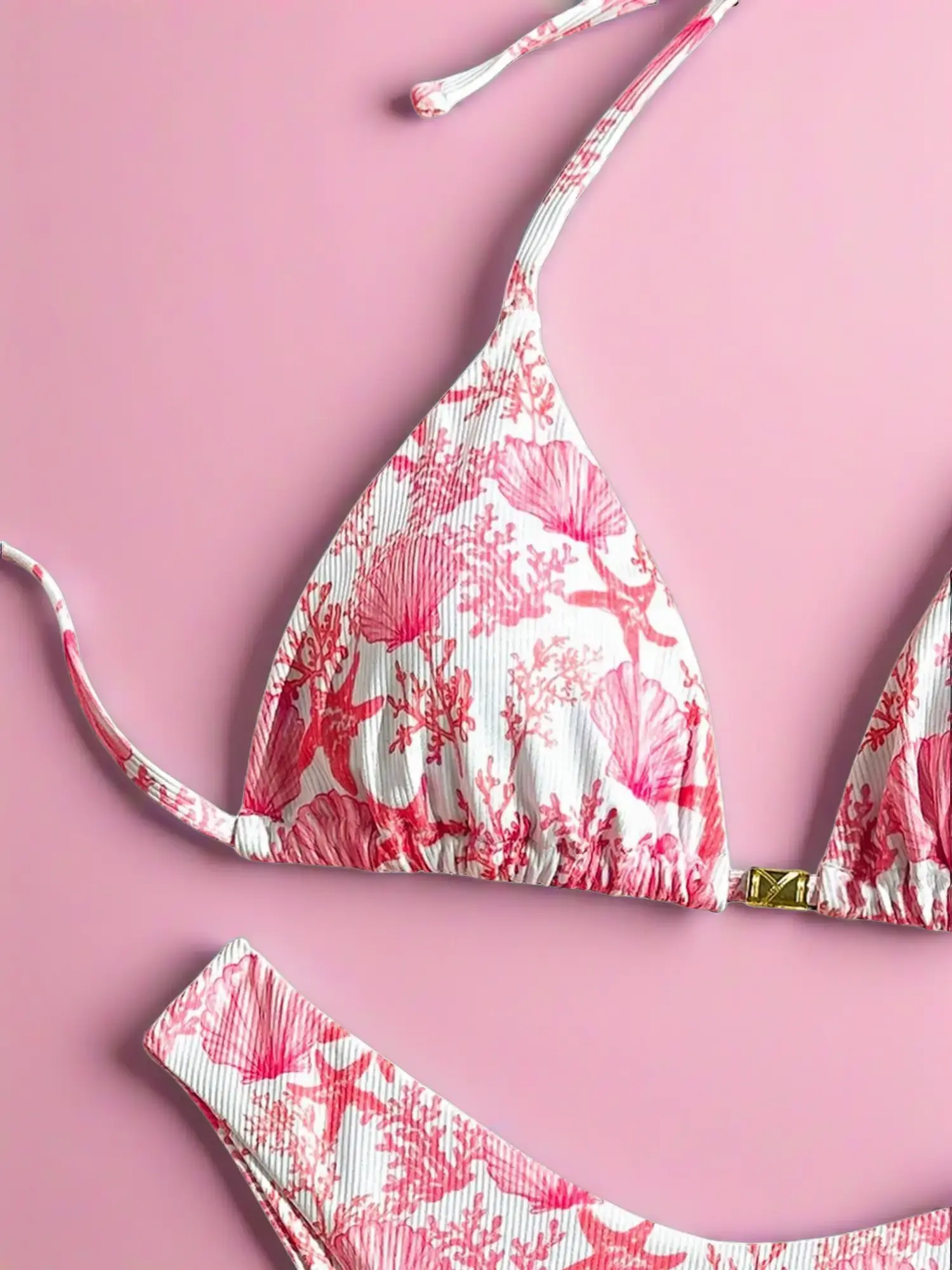 Coral Reef Print Bikini Set - Halter Triangle Top & Cheeky Side-Tie Bottoms Women Cute Bottoms Y2K Coastal Beach Swimwear