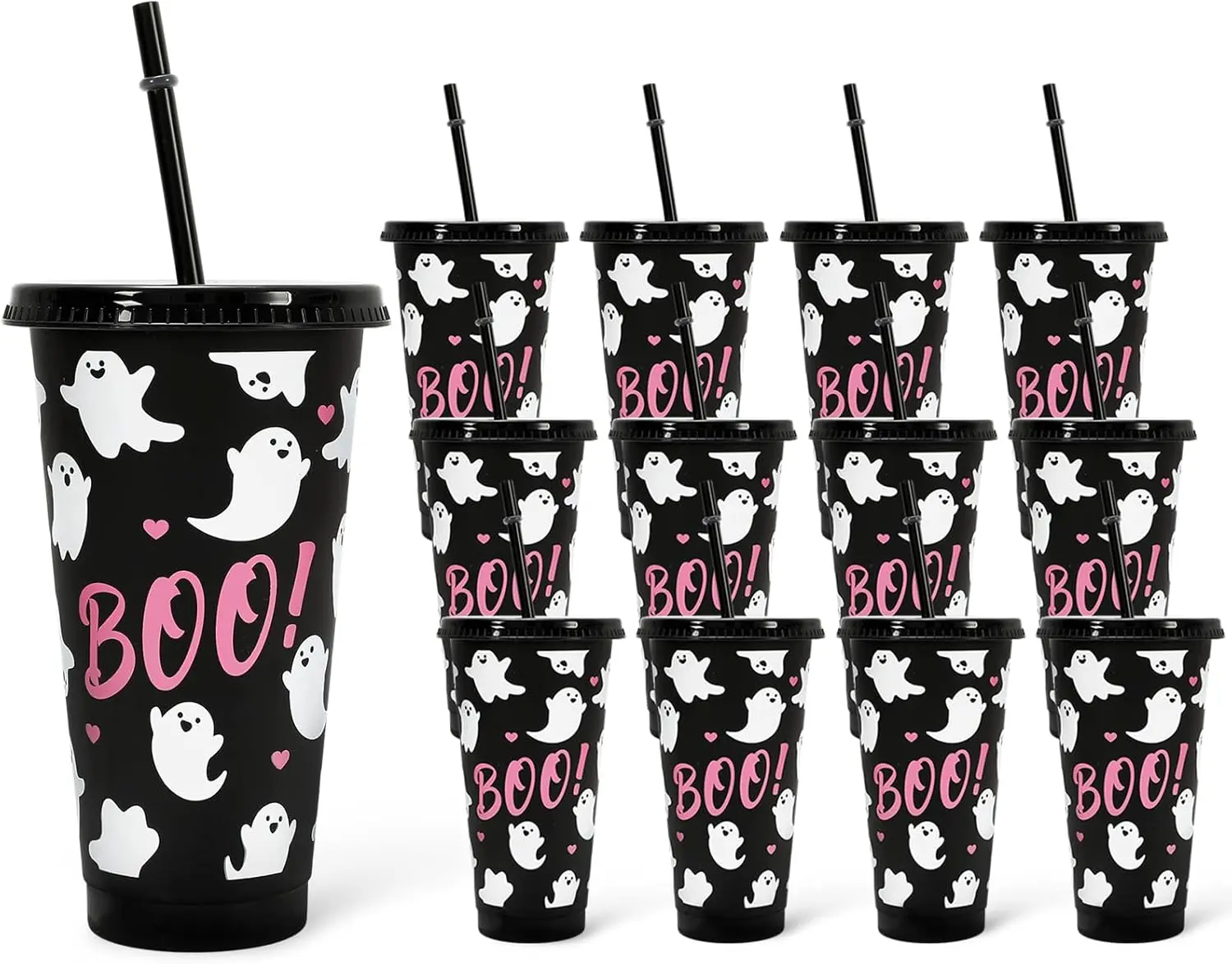 Cozy Fall Halloween Gift 12Pcs Halloween Plastic Cups with Straw and Lid Cute Ghost Tumbler 24oz Boo Plastic Cups for Cold Drinks Halloween Decoration Party Favors