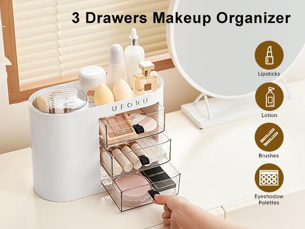 UFORU Makeup Organizer with Drawers for Vanity, 4 Slot Brush Holder with One Touch Open,Spacious Cosmetic Storage for Dresser Vanity and Bathroom Countertop, Beauty Holder for Lipstick Skincare makeuporganizer jewelry organizer WhiteBoxes