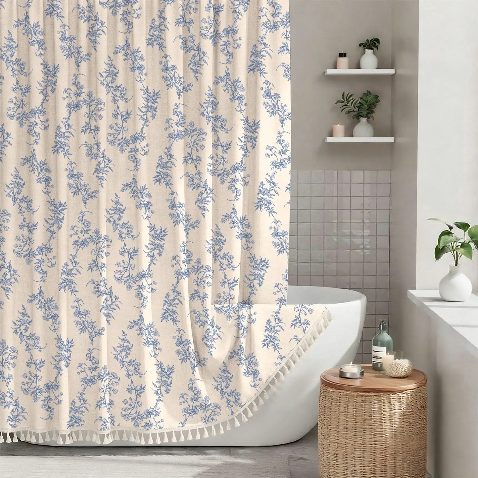Dakimoe Floral Plant Shower Curtain Set with Tassels & Hooks - Heavy-Duty Faux Cotton Linen, Plastic Washable, Cottagecore Boho Vintage Rustic Home Bathroom Accessory for Whimsical Home Decor