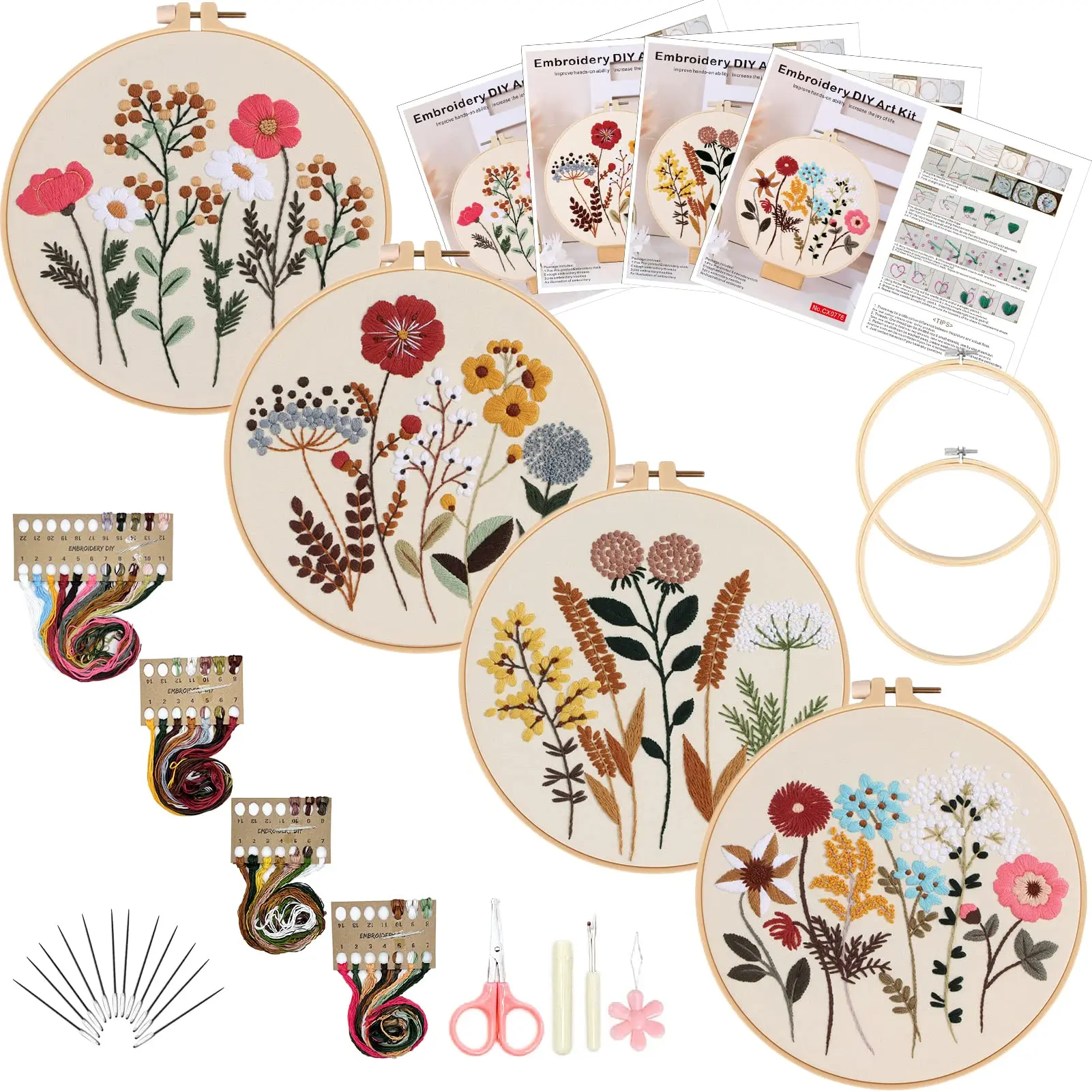 Beginner's Floral Embroidery Kit Includes patterns and tutorials 4 cross-stitch kits 2 wooden embroidery hoops Includes embroidery floss and needles Adult needlework kit