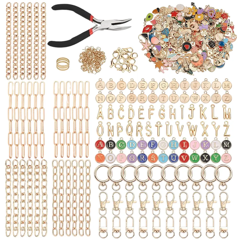 500-Pcs Creative Craft Jewelry Making Kit - DIY Keychain & Bag Hanger Supplies with Letter Pendant, Chain, Lobster Buckle, Connecting Ring, Tool Pliers - Home Crafts Kit for Beginners & Enthusiasts, Holiday Gifts Option