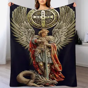 Saint Michael the Archangel Throw Blanket - St. Benedict Medal & Dragon Slayer Design, Soft Flannel for Catholic Devotional Home Decor
