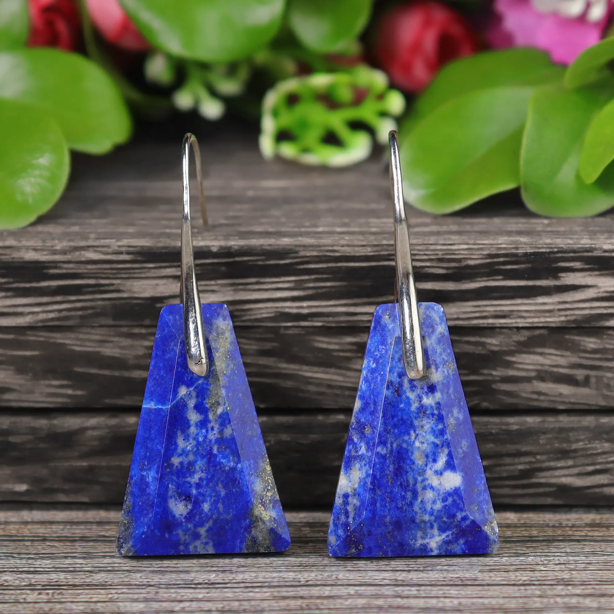 Handmade Natural Lapis Lazuli Slab Drop Earrings (1.5in) - Unisex Casual Natural Crystal Jewelry for Adults, Third Eye & Throat Chakra Healing, Harmony & Peace Focused Daily Wear