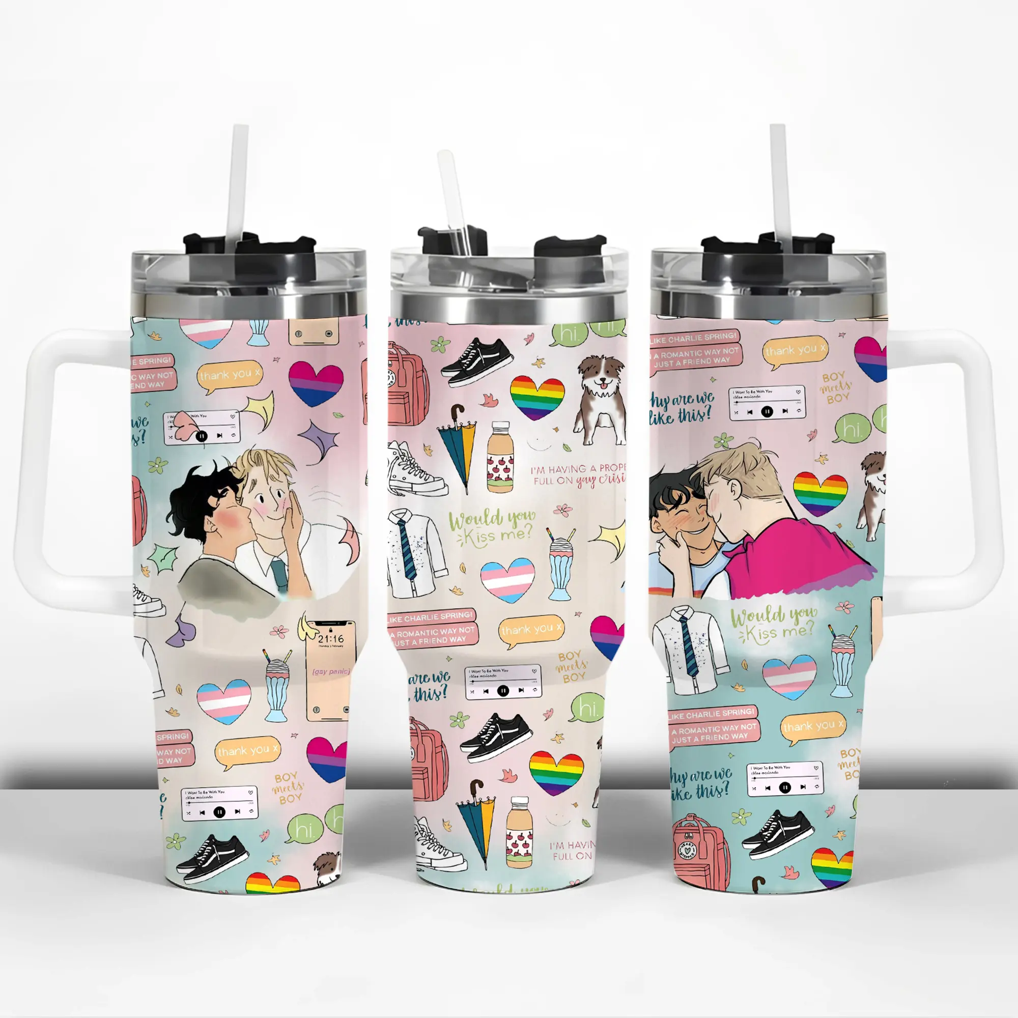 Heartstopper Tumbler, 40oz Insulated Coffee Mug with Handle & Straw, Cute LGBT Comic Book Travel Cup Fan Merch Gift Idea