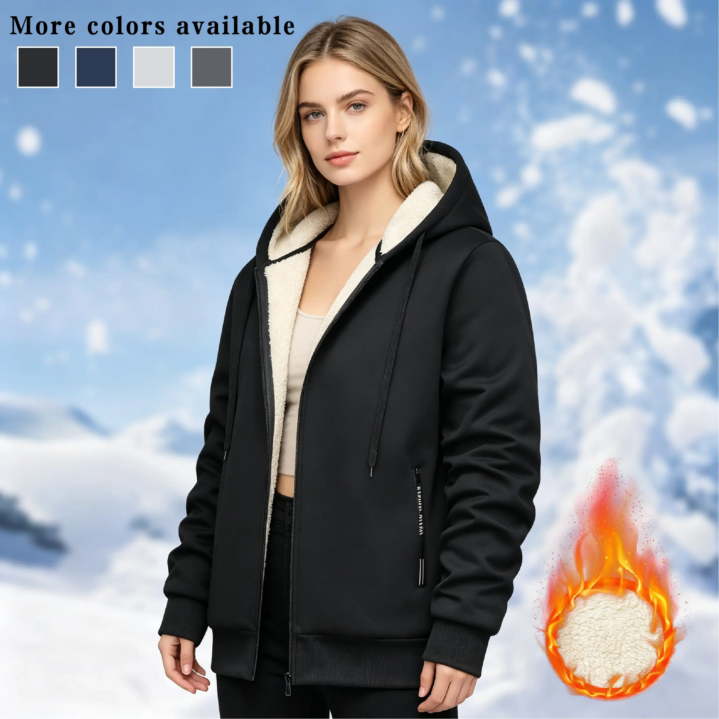 Women's 100% Polyester Minimalist Basic Loose Style Comfortable Plain Casual Athletic Hooded Sweatshirts - Long-Sleeve, Zip-Up, Sherpa Lined, Soft, Itch-Free, Warm, Ideal for Snow Vacations, Evening Walks