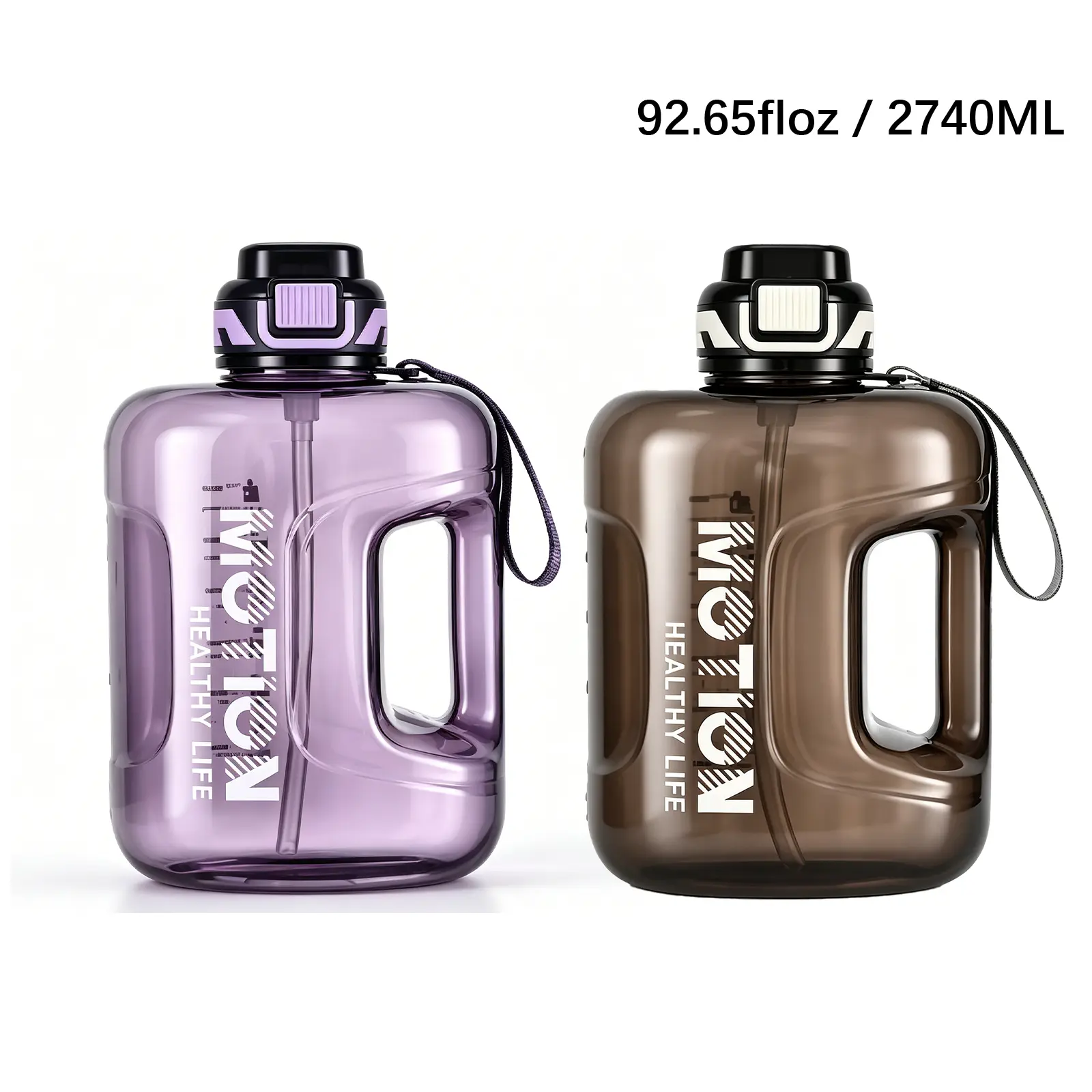 2Pcs Sporty Leakproof Water Bottle, 92.7oz/2740ml Large Capacity Portable Drinking Bottle with Straw & Carry Strap for Fitness, Camping, Outdoor Activities, Waterbottle, Outdoors,back to school,back to school haul