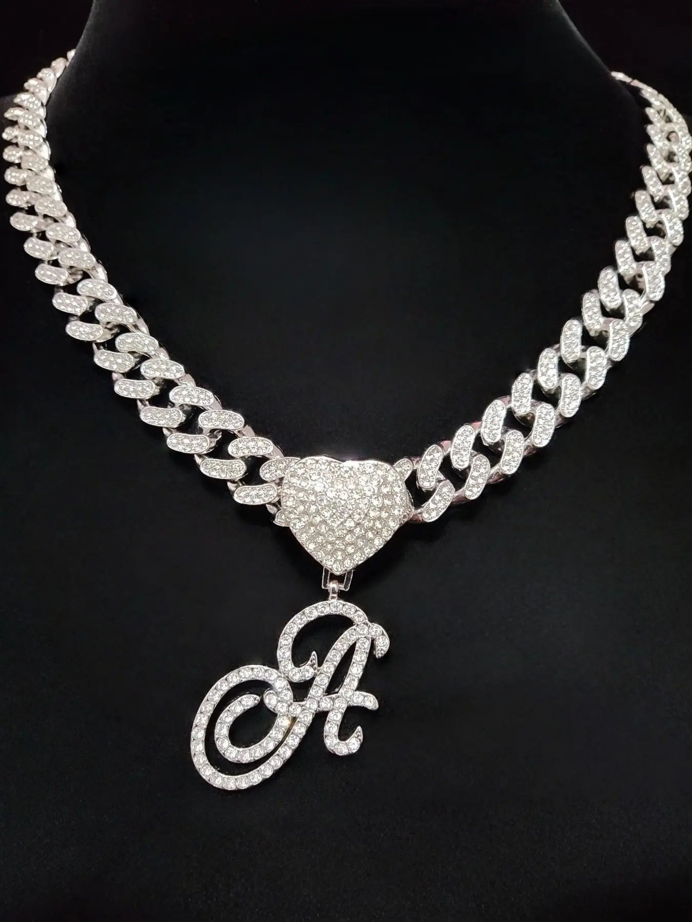 Fashion A-Z Letter Pendant Necklace & 13mm Glass Rhinestone Cuban Chain, Women Hip Hop Letter Pendant Necklace, Vintage Jewelry, Costume Jewelry Necklace, Bling Stylish Accessory, Valentine's Day gift, Cuban Link Necklace, Cuban Necklaces
