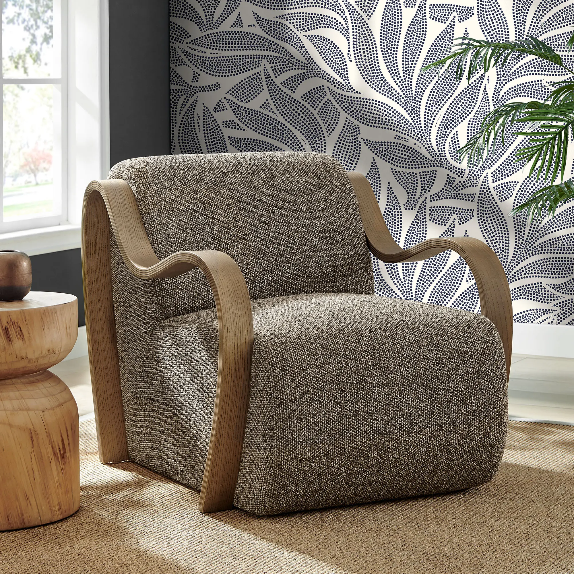 Atrium Lattice Boucle Fabric Modern Accent Armchair with Curved Arms, Earth Tone Indoor Living Room Chair, Modern Armchair, Accent Chair