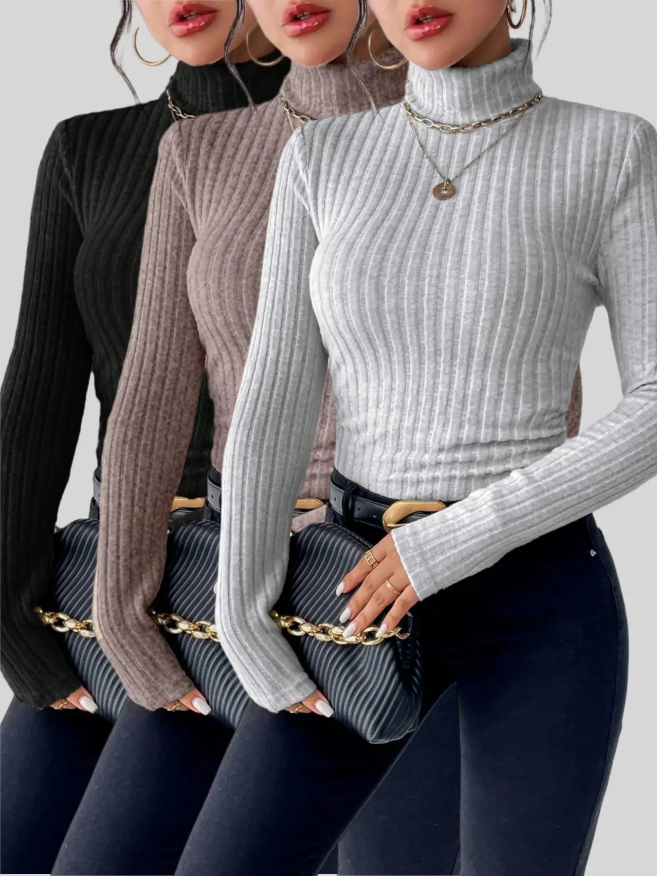 Women's Autumn Winter T-Shirt Three-Piece Set, High Collar Turtleneck Warm Long Sleeves, Soft Fabric, Knitwear, Casual, Tops, Essential Women's Clothing