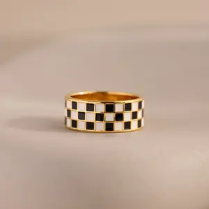 Thick Checkered Ring by Caitlyn Minimalist - Chunky Black and White Statement Ring - Retro Style Gold Jewelry - Best Friend Gift