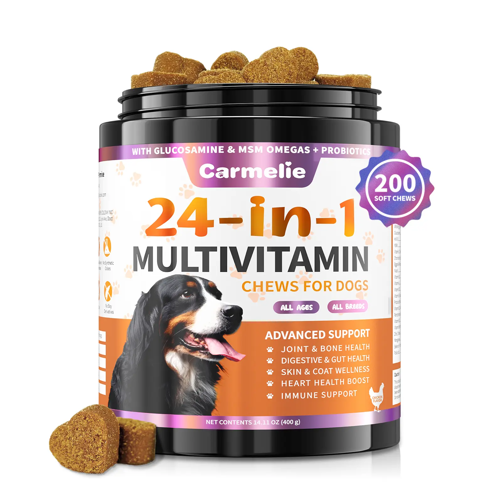 #backtoschool #sohochic Carmelie 24-in-1 Dog Multivitamin Bites – Soft Chew Supplement with Glucosamine, Omega-3 & Probiotics for Hip & Joint, Skin, Immune & Digestive Health – Chicken Flavor, 200 Chews