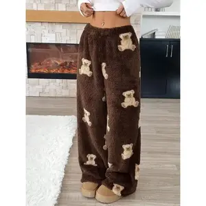 Women's Casual Cartoon Bear Pattern Drawstring Waist Teddy Wool Pants, Fall Winter Long Leggings, Comfortable and Warm（gift） Fabric WomenswearGift