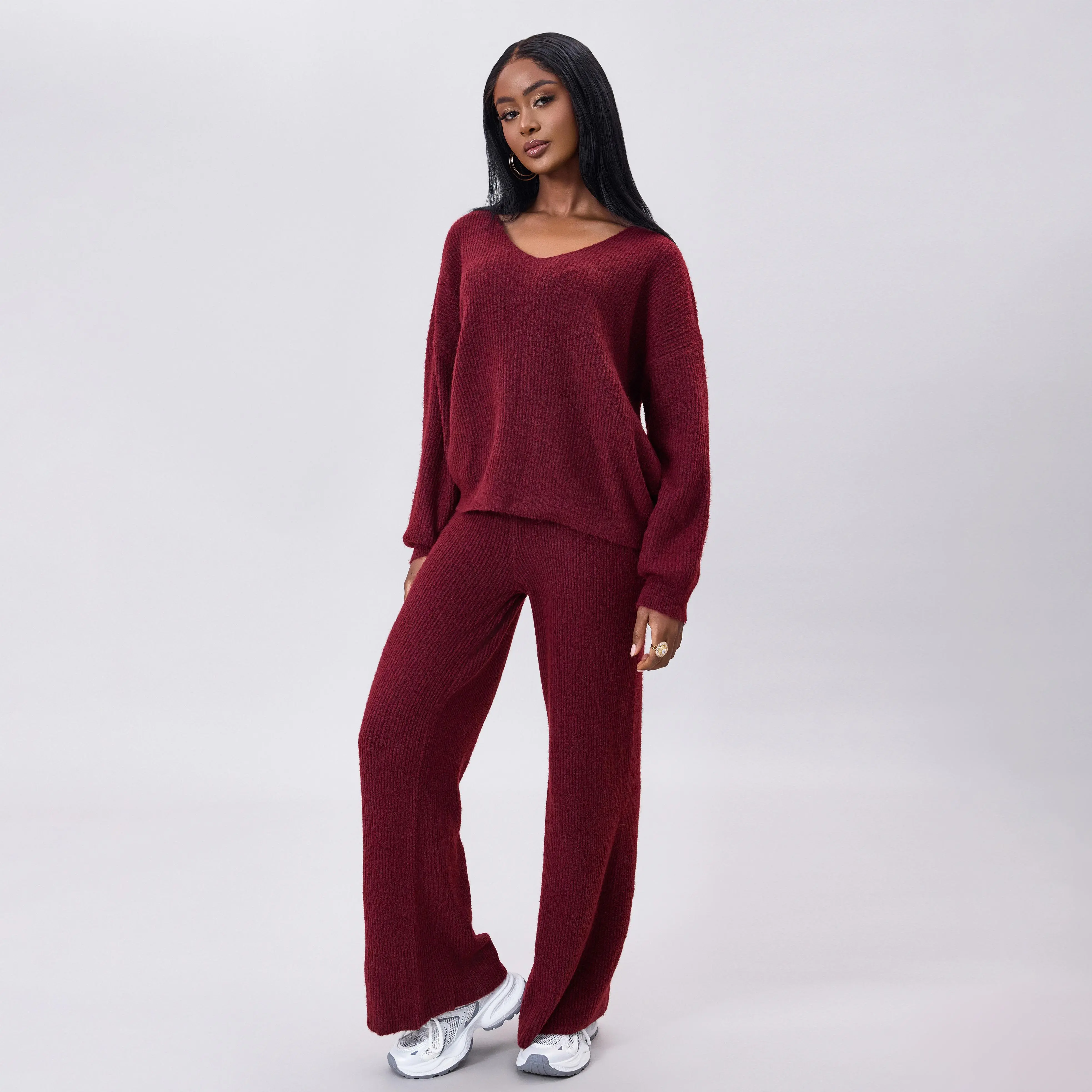 Joyfunear Women's V-Neck Knit Sweater & Wide-Leg Pants Lounge Set - Cozy Chic Comfortable for Casual Wear Soft Knit Fabric Long Sleeves High Waisted Pants S-XXL