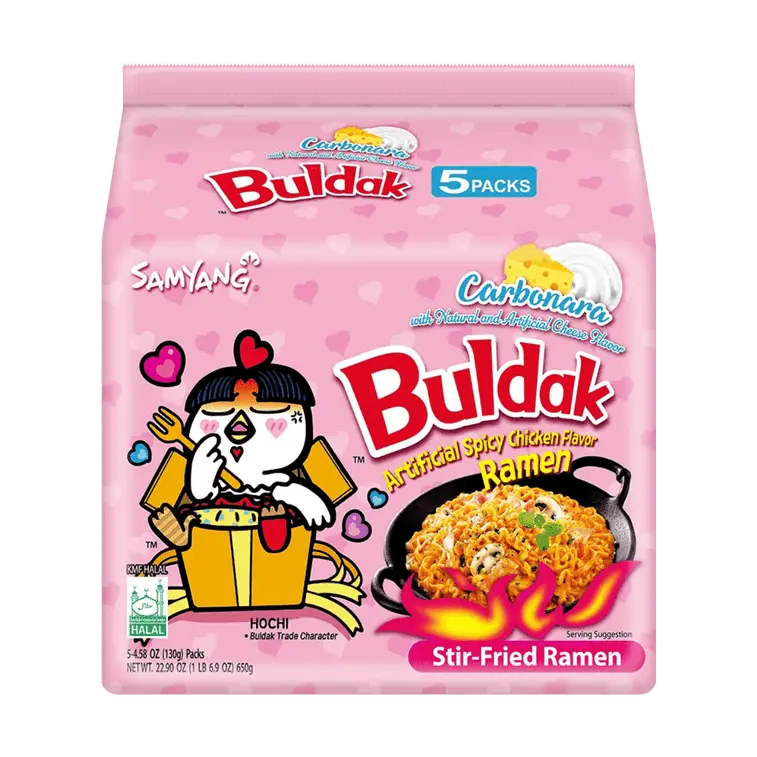 Samyang Buldak Creamy Carbonara Noodle, 130g×5 Pack, Onion-Infused Packaged Bowl Instant Noodle, Super Spicy Option for Spicy Food Lovers, Buldak Carbonara Noodles