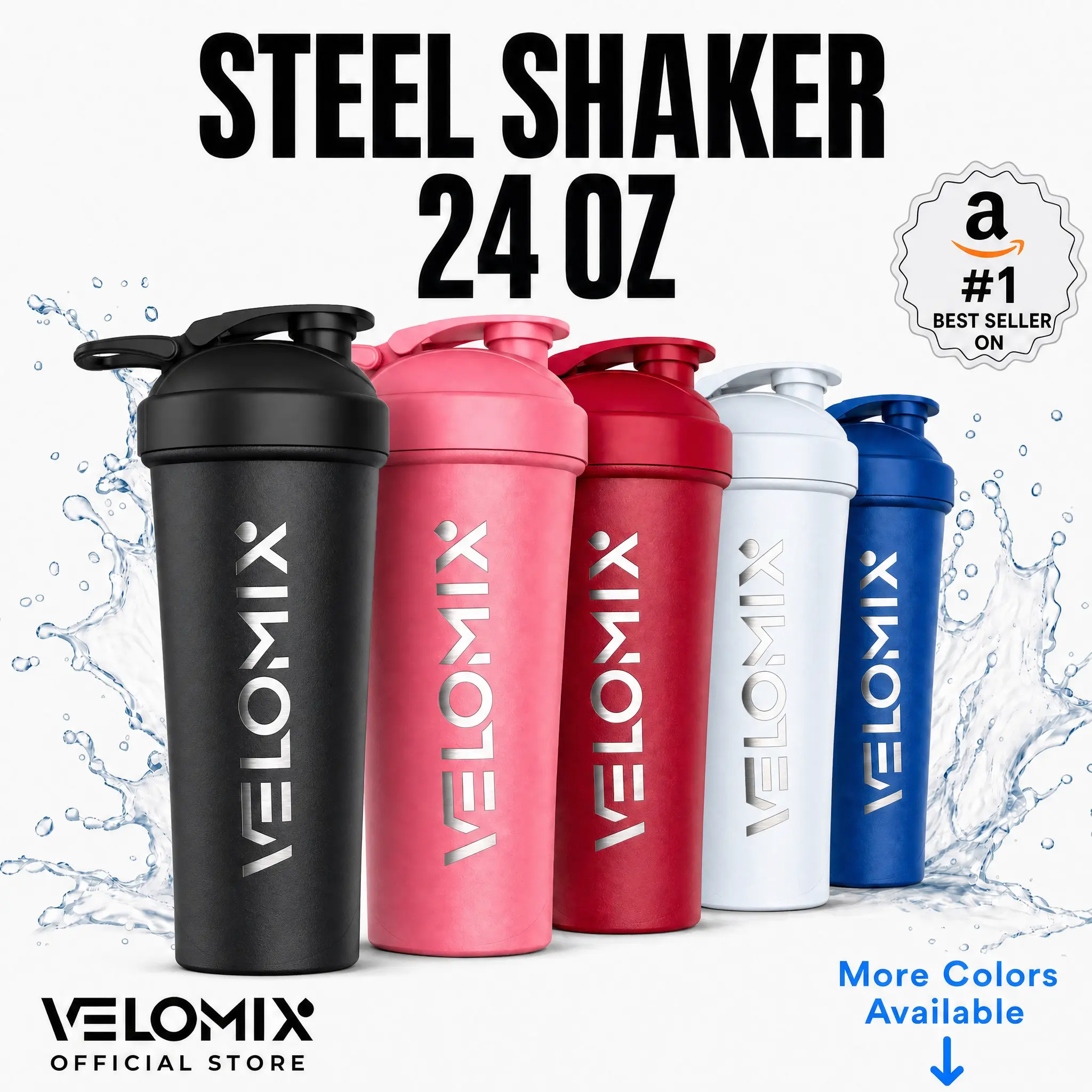 VELOMIX 24oz Stainless Steel Insulated Shaker Bottle - Wire Whisk, Wide Mouth Lid, Leakproof Seal, Clump-Free, Odor-Resistant for Fitness Hydration, Outdoor Sports, Insulation