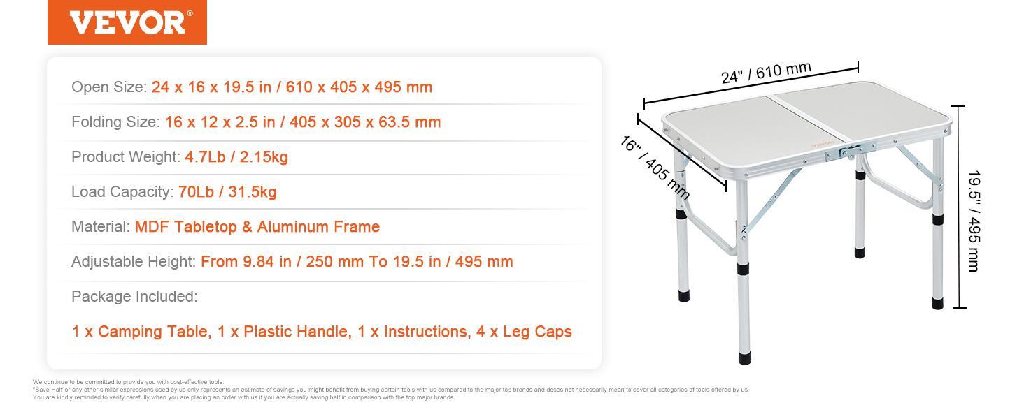 【FathersDayGift】VEVOR Folding Camping Table, Adjustable Height Outdoor Portable Side Tables, Lightweight Fold Up Table, Aluminum & MDF Ultra Compact Work Table, For Cooking, Beach, Picnic, Travel, 24x16 inch, Silver