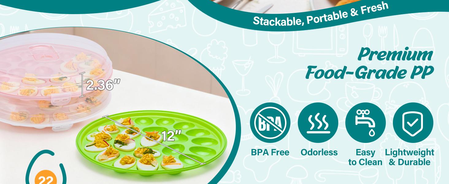Deviled Egg Container with Lid, 3 Pack Stackable Deviled Egg Platter with Handle, 66-Slot Egg Carrier Tray for Fridge Storage, Easter, Christmas, Parties, Picnic, Dishwasher/Freezer Safe