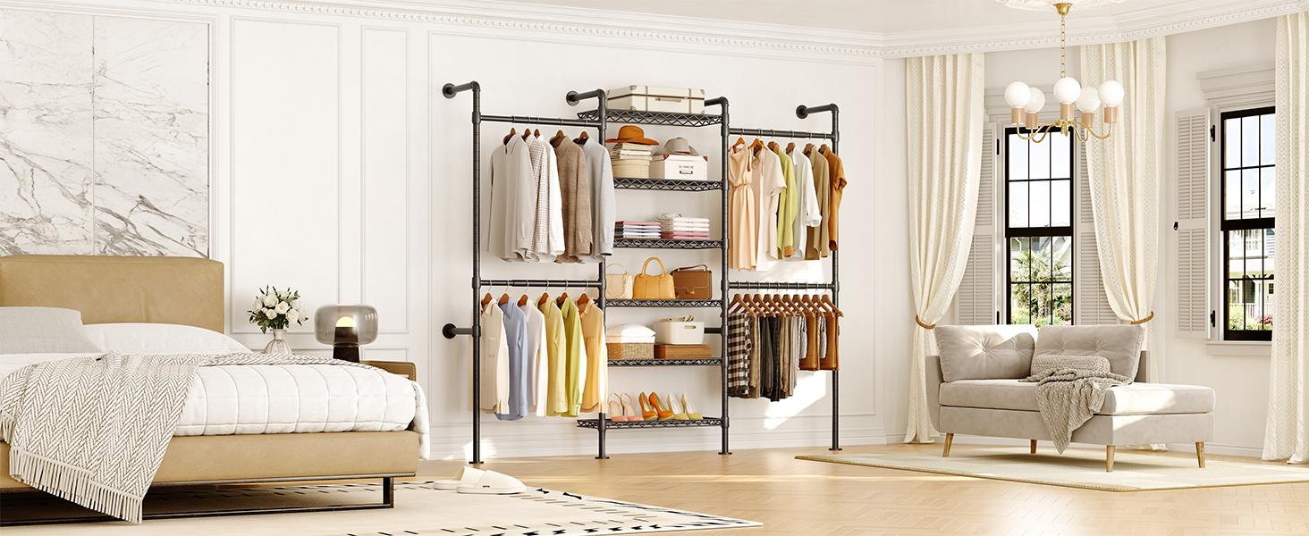 【SPOTLIGHT DAY】ONBRILL H3 Wall Mounted Closet System Expandable Industrial Pipe Clothes Rack with 4 Telescopic Rods & 6 Mesh Panels for Flexible Storage in Wardrobe