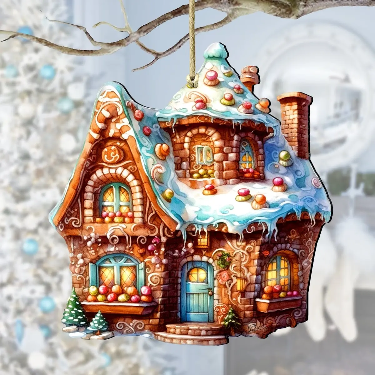 Designocracy 8100191-2 Artistic Gingerbread House Wooden Christmas Decor Collectible Ornaments, 5x5.5x0.25 in, Festive Home Gift, Collectibles