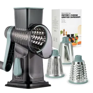 Kissday Rotary Cheese Grater with Handle, Shredder Slicer Grinder 3 Stainless Steel Blades, Hand Crank for Cheese, Vegetable, Nuts, Chocolate,Grey Blue