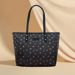 Elegant Large Tote Bag with Bow Floral Print, High-Capacity Designer Shoulder Bag for Women, Versatile Daily Purse Ideal for Work, Dates and Weekend Shopping