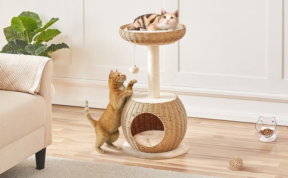 【Mother's Day Gift】Yaheetech 54in Rattan Cat Tree Tower with Luxury Woven Condo, Clear Bowl, Washable Cushions, and Scratching Posts, Cat Furniture for Indoor Cats