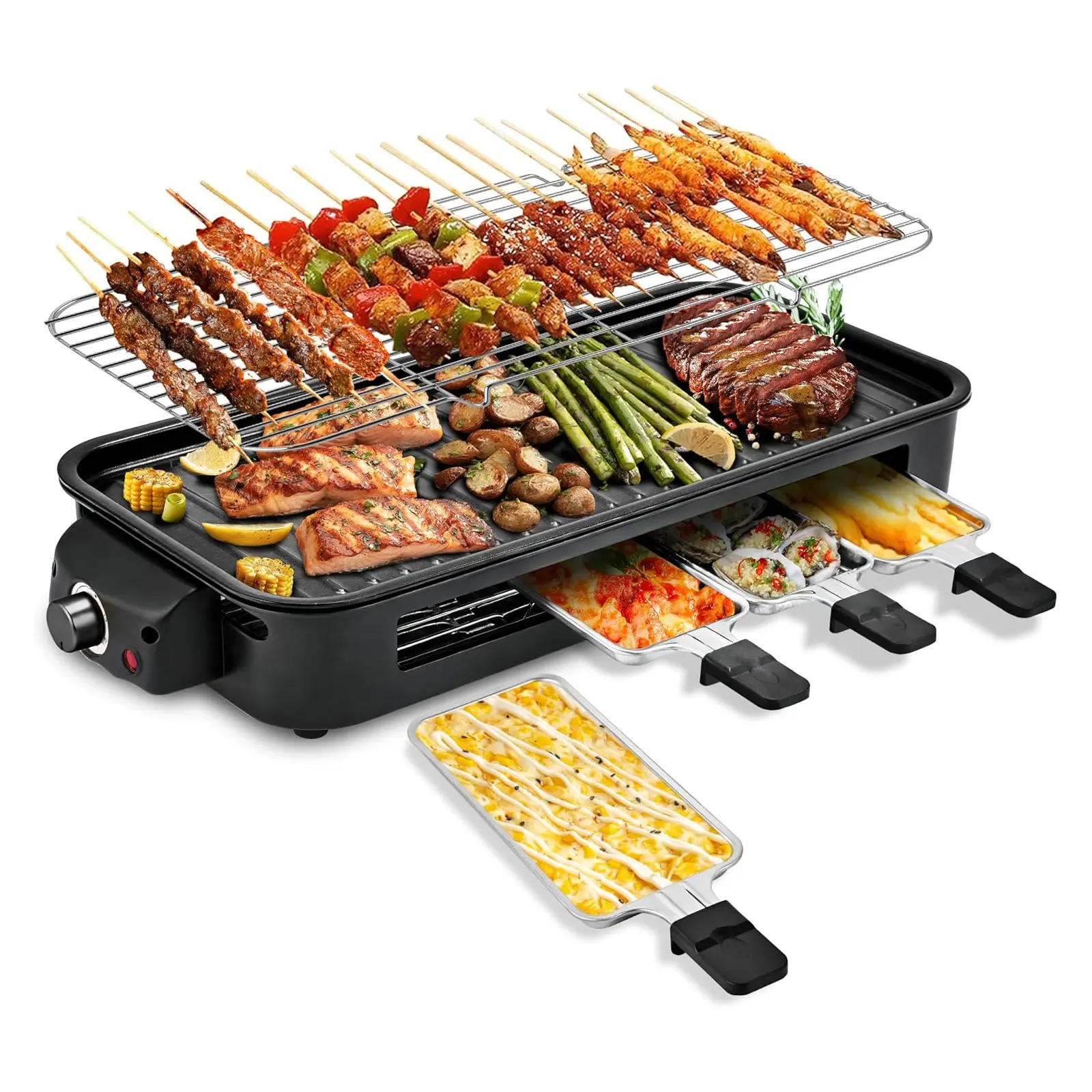 Pukomc 1500W Smokeless Nonstick Electric Griddle Grill - Portable Barbecue Grill with Extended Removable Plates, Adjustable Temp Control, 4 Mini Raclette Pans, Compact for Couples’ Apartment Kitchen Supplies, Mess-Free Easy-Clean Apartment Stuff, Nonstick
