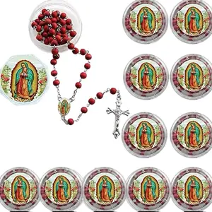 12pcs Rose Scented Catholic Rosaries Necklaces Wooden Beads Cross Necklace with Jesus Our Lady of Guadalupe Box Holy Favors for Women Men First Communion Funeral Baptism