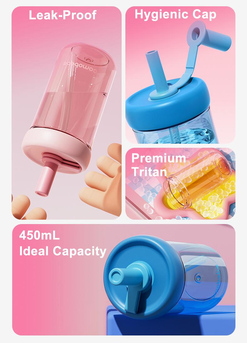 【COMOBEBE】15oz Tritan Sippy Cup – Leak-Proof Design , Food-Grade Silicone Straw, BPA-Free, Dishwasher Safe Bottle Drinkware Reusable Portable