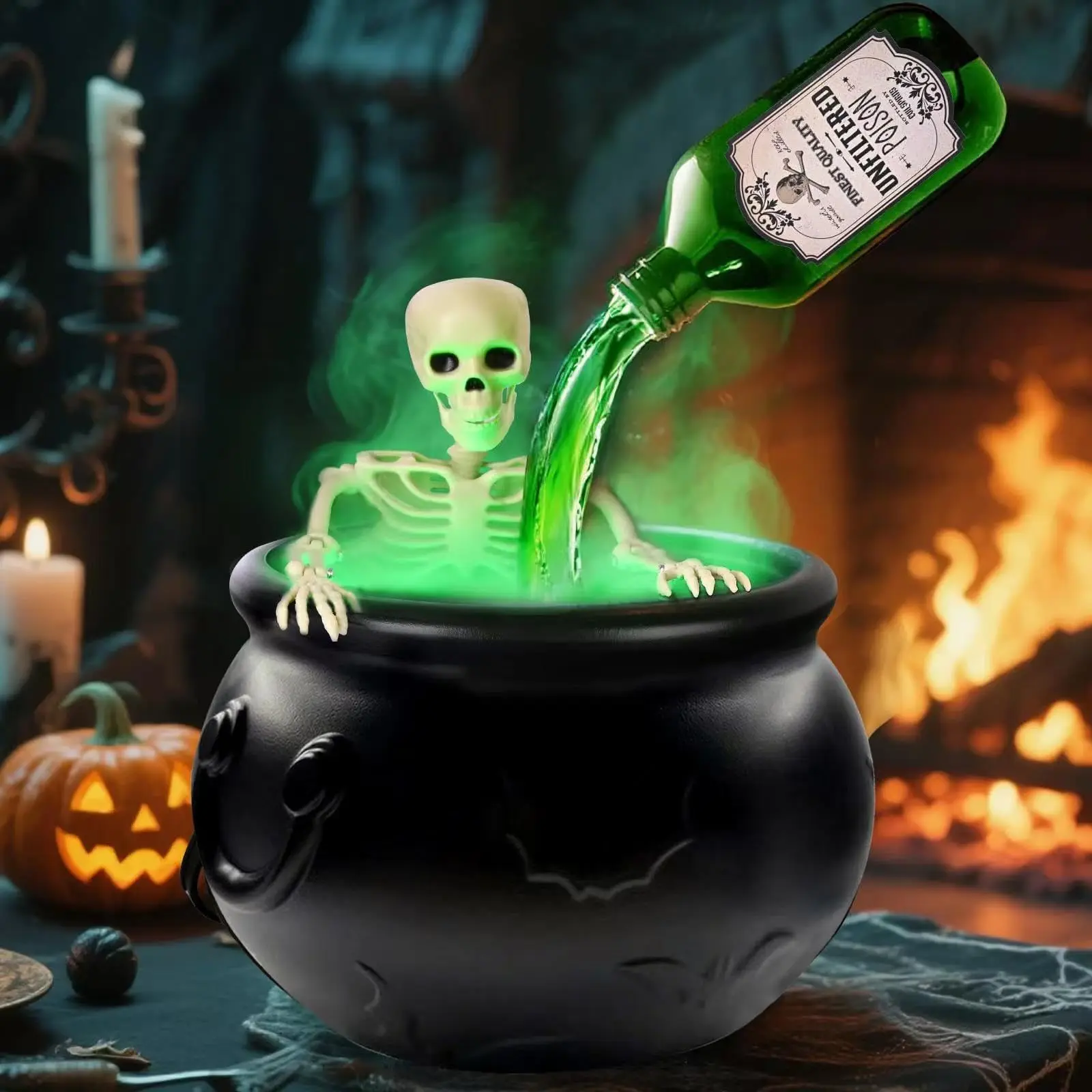 Decorations Indoor - Cauldron  Decor with Magic Floating Potion Bottles and Diffuser - Black Plastic Witches Bowl Hocus Pocus Party Decoration for Spooky Vintage Home Kitchen Table