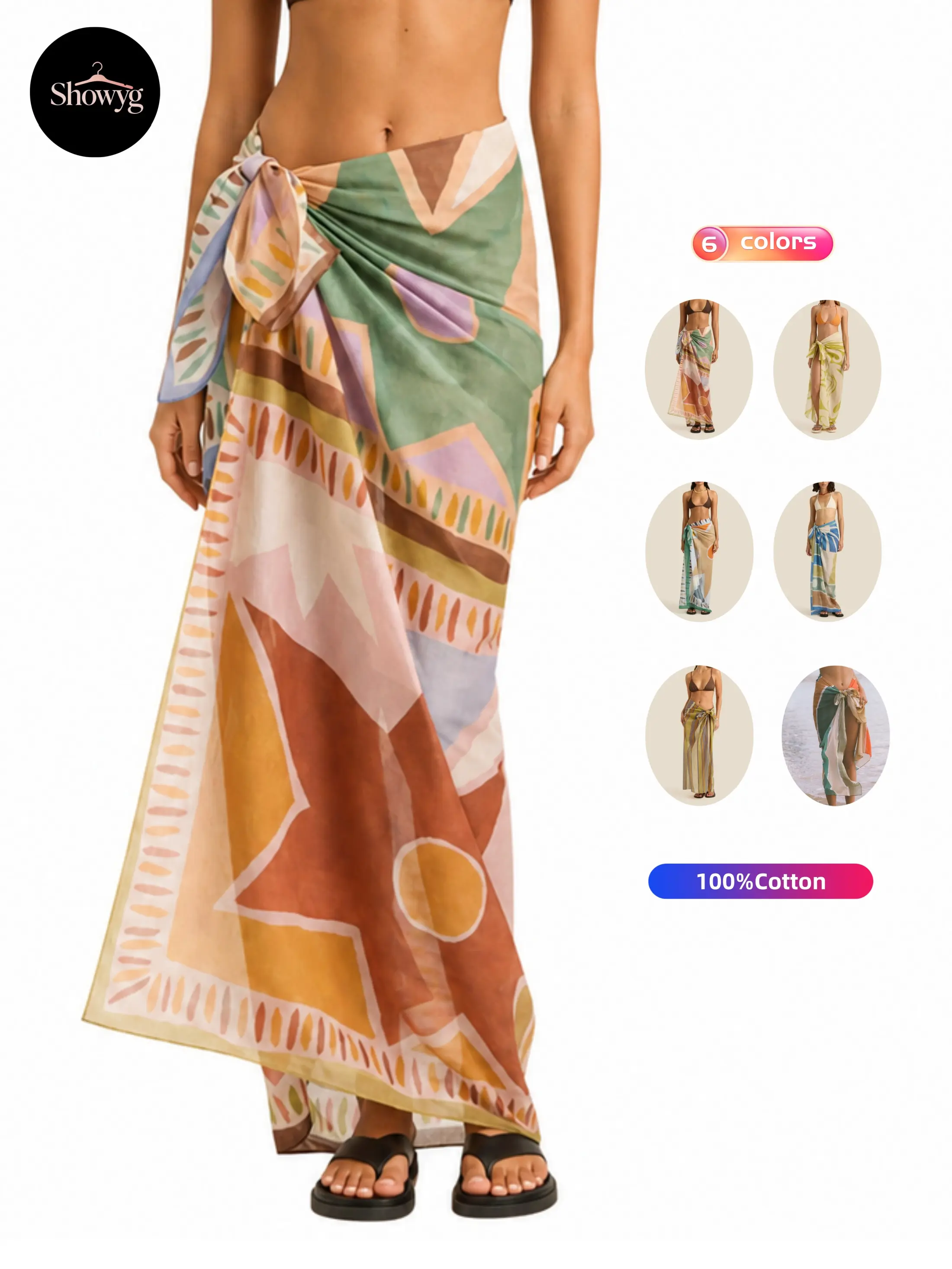Showyg Women's Boho Printed 100% Cotton Beach Cover Up Sarong Skirt - Lightweight, Breathable, Versatile for Swimwear, Machine Washable Beach Cover Ups