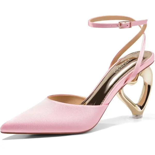 Coutgo Womens Kitten Heels Closed Pointed Toe Heart Heel Ankle Strap Satin Pumps Wedding Prom Dress Valentine Shoes tiktokshopbacktoschool