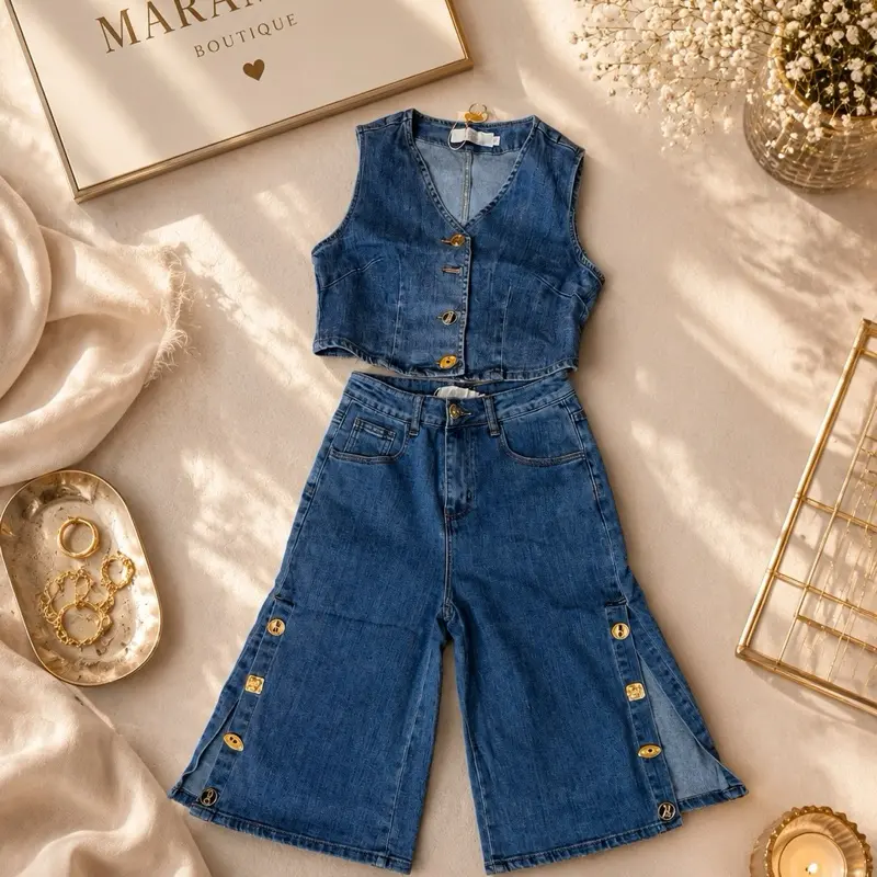Women's Denim Top & Skirt Set with Clasps, Stylish Womenswear Outfit