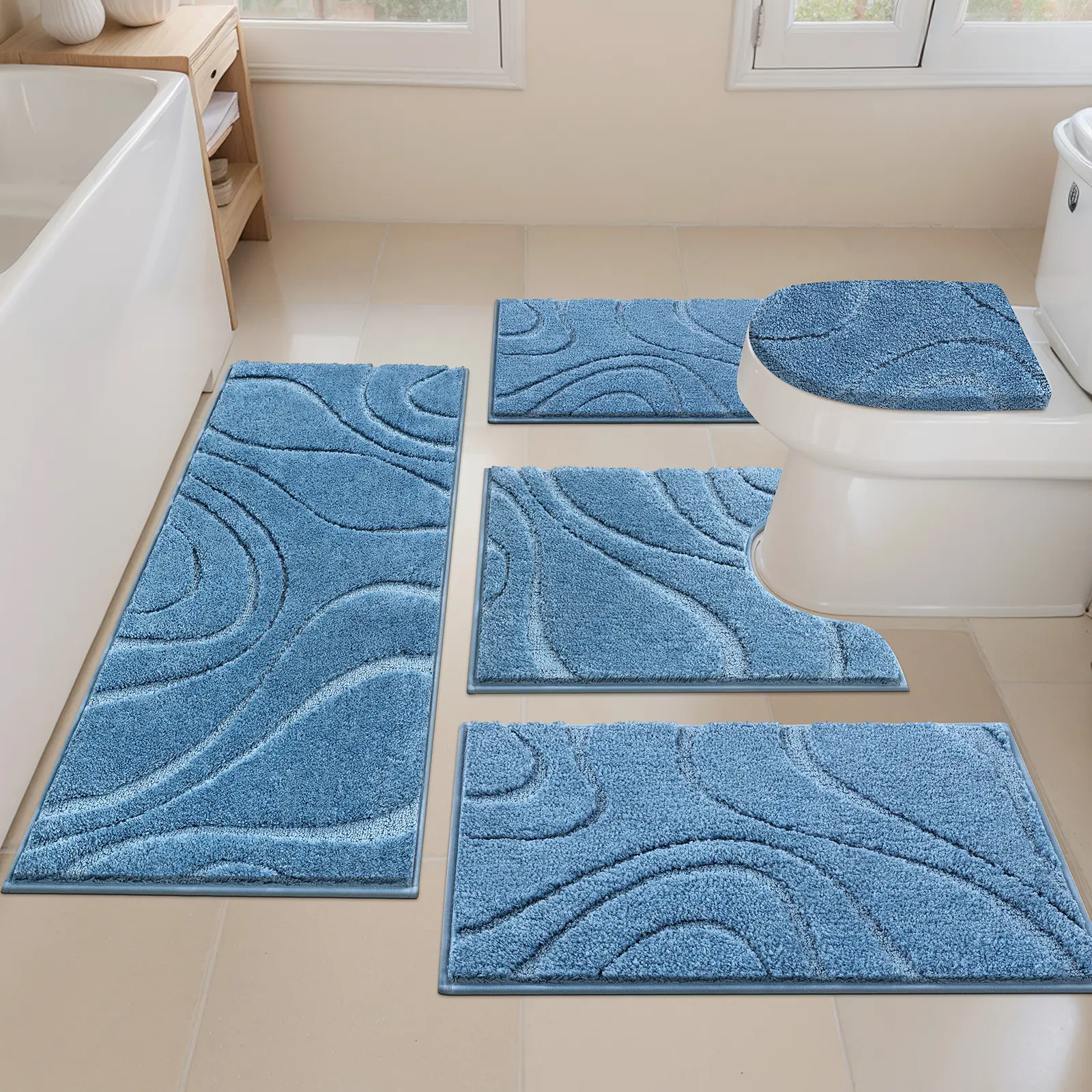 [Back to School] HEBE Washable Bathroom Rugs Sets 5 Piece, Soft Absorbent Microfiber Bath Mat for Bathroom, Non Slip Washable Bath Rug Set with Toilet Cover, Bath Runner and U-Shaped Contour Toilet Rug summerwins,home essentials