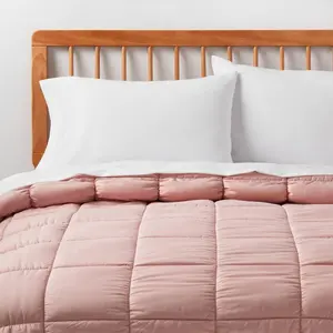 Full/Queen Box Stitch Puffer Comforter Pink - Room Essentials