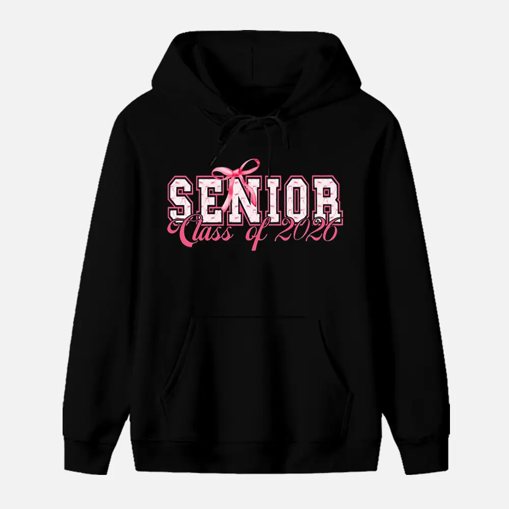 Women's Senior 2026 Cotton Sweatshirt, Casual Long Sleeve Pullover with Pink Bow Graphic, Black Graduation Gift for High School Senior Year, Black(Hoodie), All Seasons, Polyester, Do Not Dry Clean