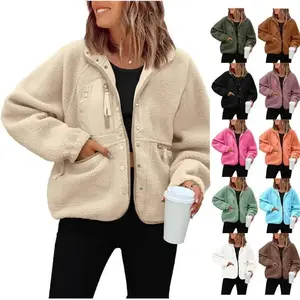 Women  Fall Winter Fleece Jacket Long Sleeve Casual Button Fuzzy Sherpa Cropped Coats Outerwear with Pockets