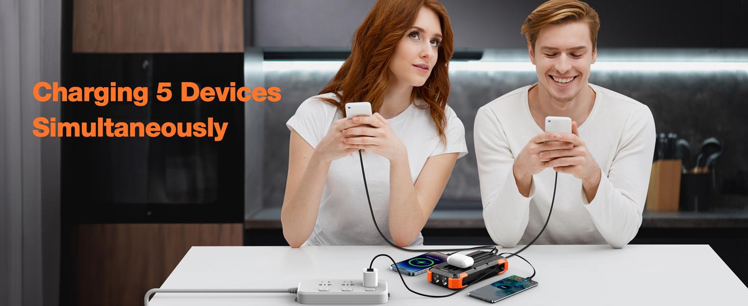 W33 Solar Power Bank 42800mAh, 4 Cables, Thermometer, 15W Fast Charge, 2 USB-C, 1 Lightning.