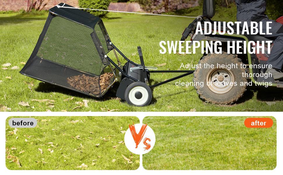 VEVOR 52-inch Lawn Sweeper Tow Behind, TikTokShopBlackFriday, 26 cu.ft. Large Pull Behind Grass Sweeper, Heavy Duty Leaf & Grass Collector with Dumping Rope Design, Adjustable Sweeping Height for Picking Up Debris & Grass