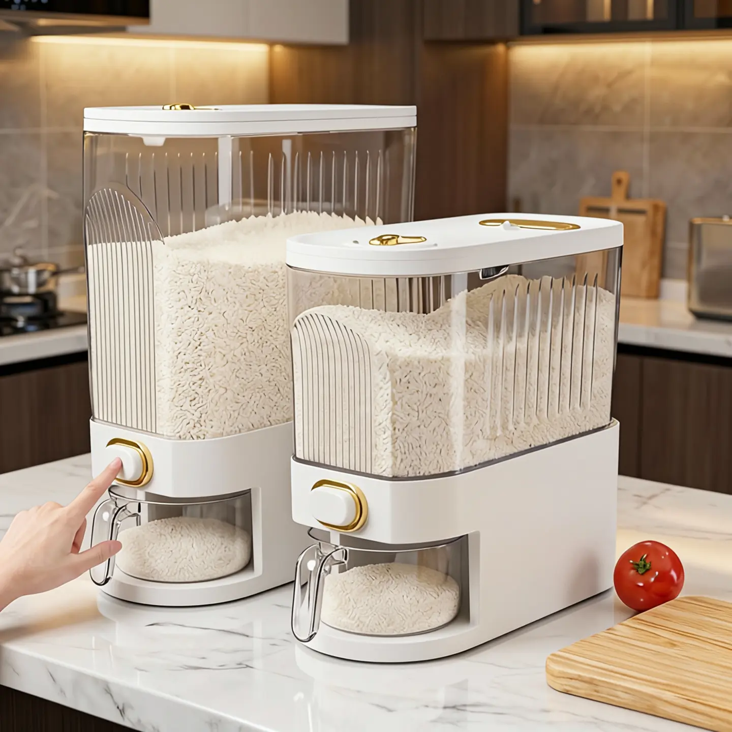 GHQ 11.02LB/22.05LB Rice Dispenser with Measuring Cup, Time Scale,Dustproof,Stackable,Durable Plastic,Multi Compartment Food Storage Container, High Capacity Grain Storage Container for Soybeans, Corn & Cereals, Cat Food, Dog Food,for Kitchen Organization
