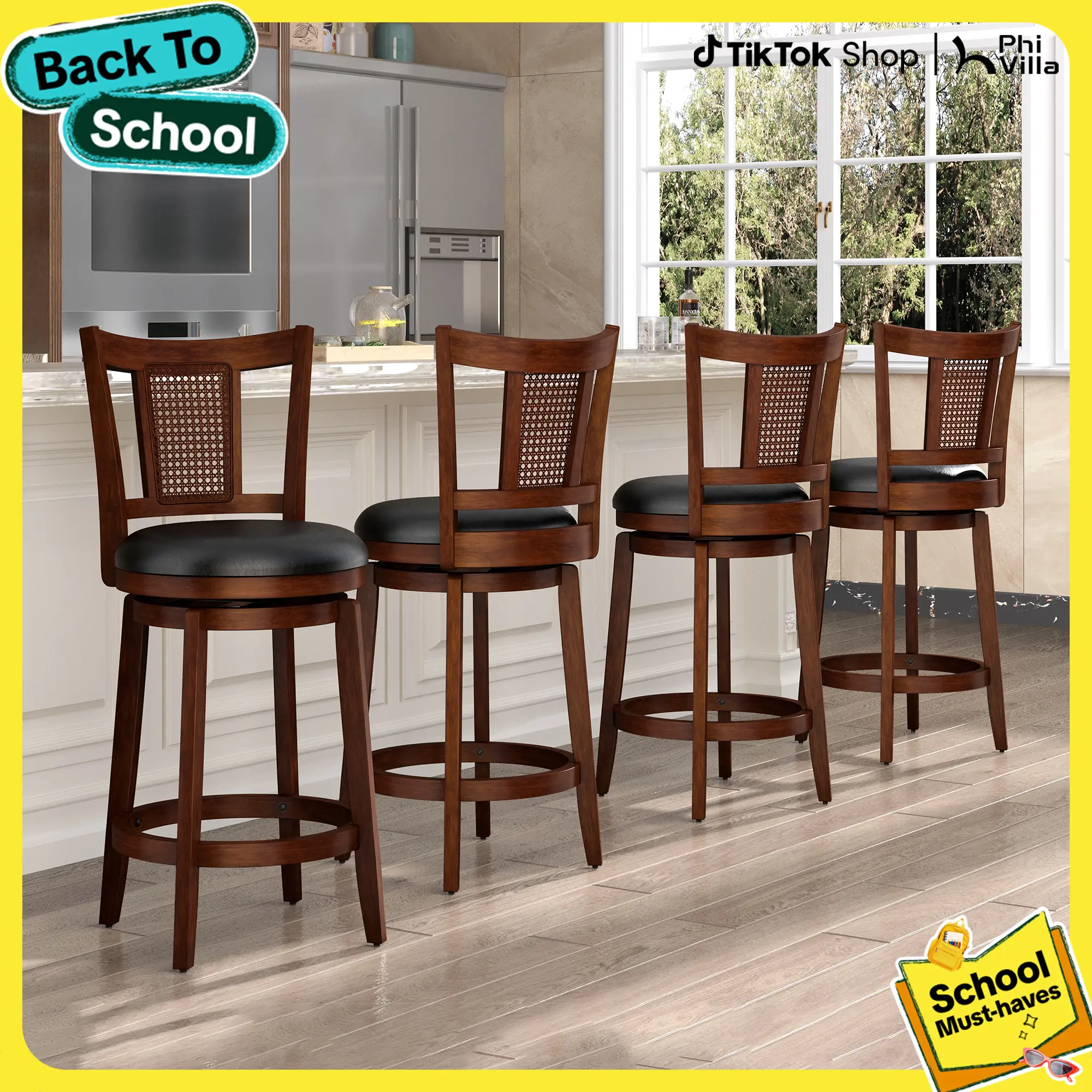 【360° Swivel 】PHIVILLA 26/30 inch Bar Height Stools Set of 2/3/4,Swivel Wooden Barstools Tall Upholstered Faux Leather Barstool with Back,Vintage Bar Height Chairs,Dark Brown Kitchen Stools, TikTokShopBackToSchool