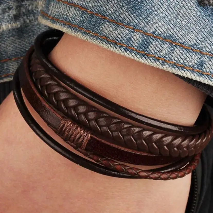 Men's Layered Braided Detail Magnetic String Bracelet in Brown Pu Leather for Daily Decoration cross leather